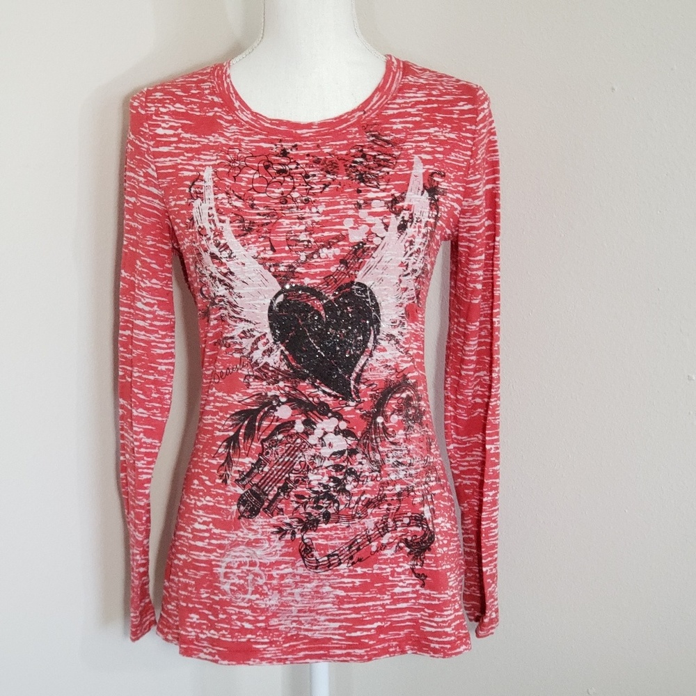 20X Red Burnout Long Sleeve Shirt w/Jeweled Heart